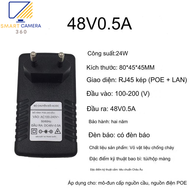 Bộ Chuyển Đổi Nguồn 48V-0.5A  POE Cho Camera IP / AP WiFi/ Điện Thoại IP 3